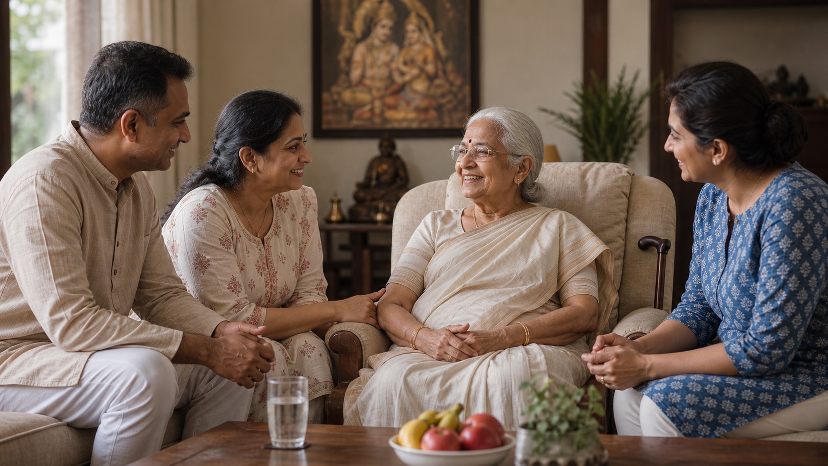 Indian family discussing daily routine with an elderly grandmother in a warm living room