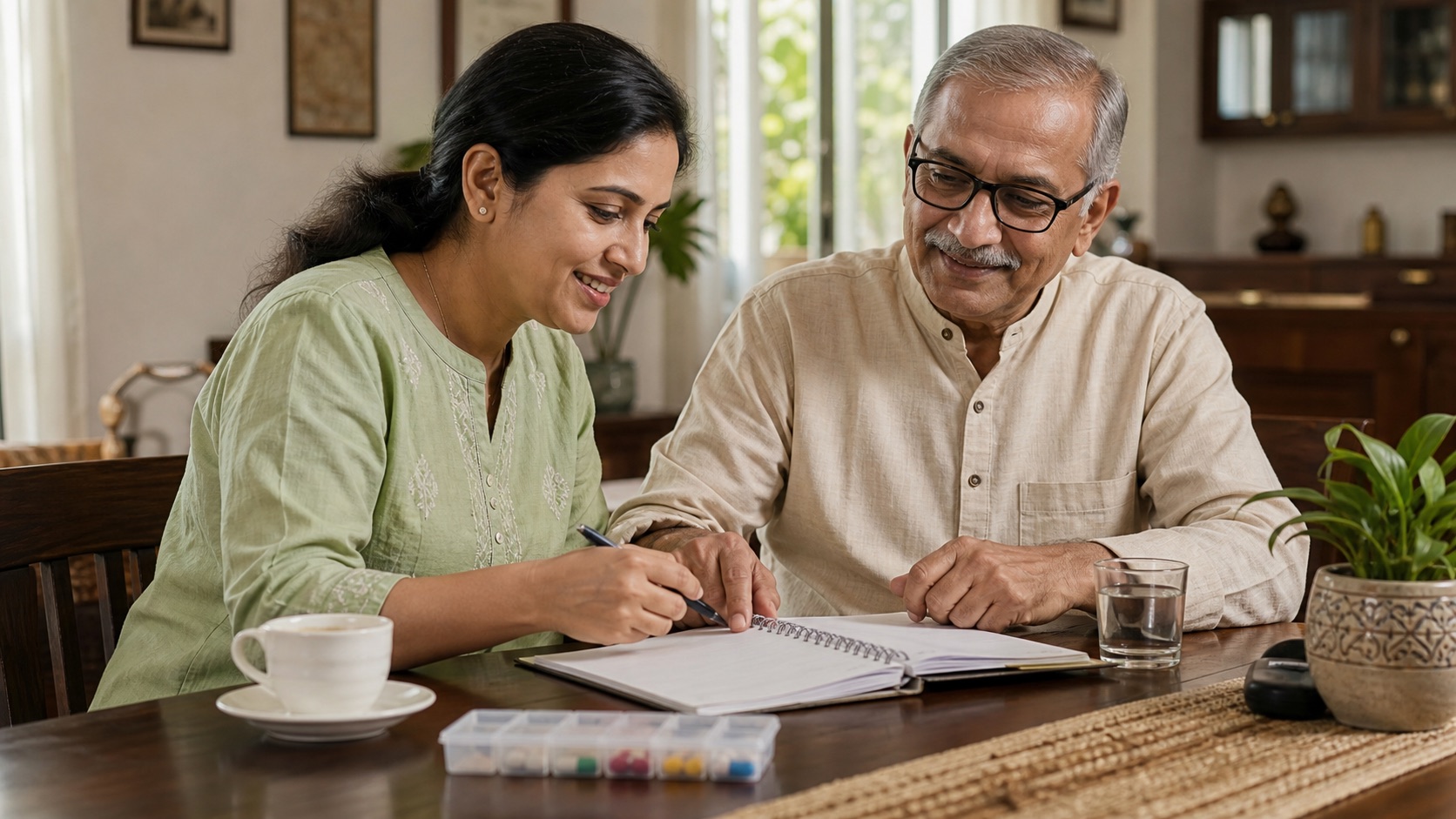 Indian daughter and ageing father reviewing a family health notebook at home