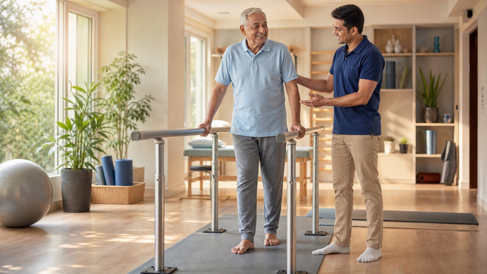 Indian senior man practicing balance exercise with a physiotherapist in a wellness studio