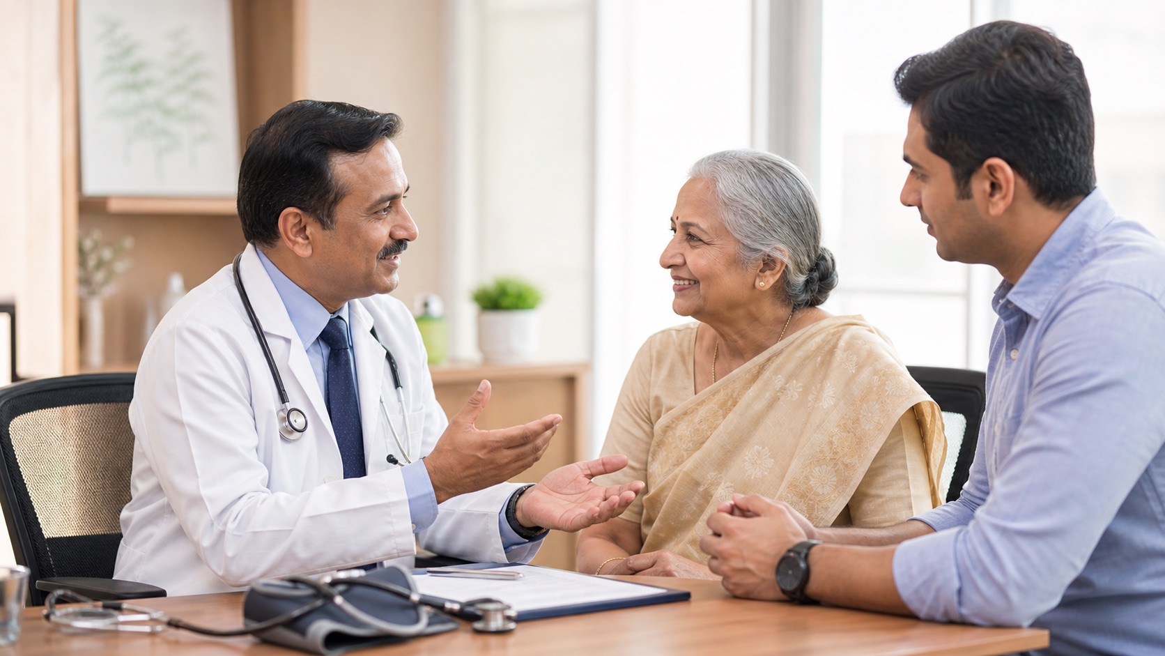Indian geriatric doctor explaining a care plan to a senior woman and her adult son