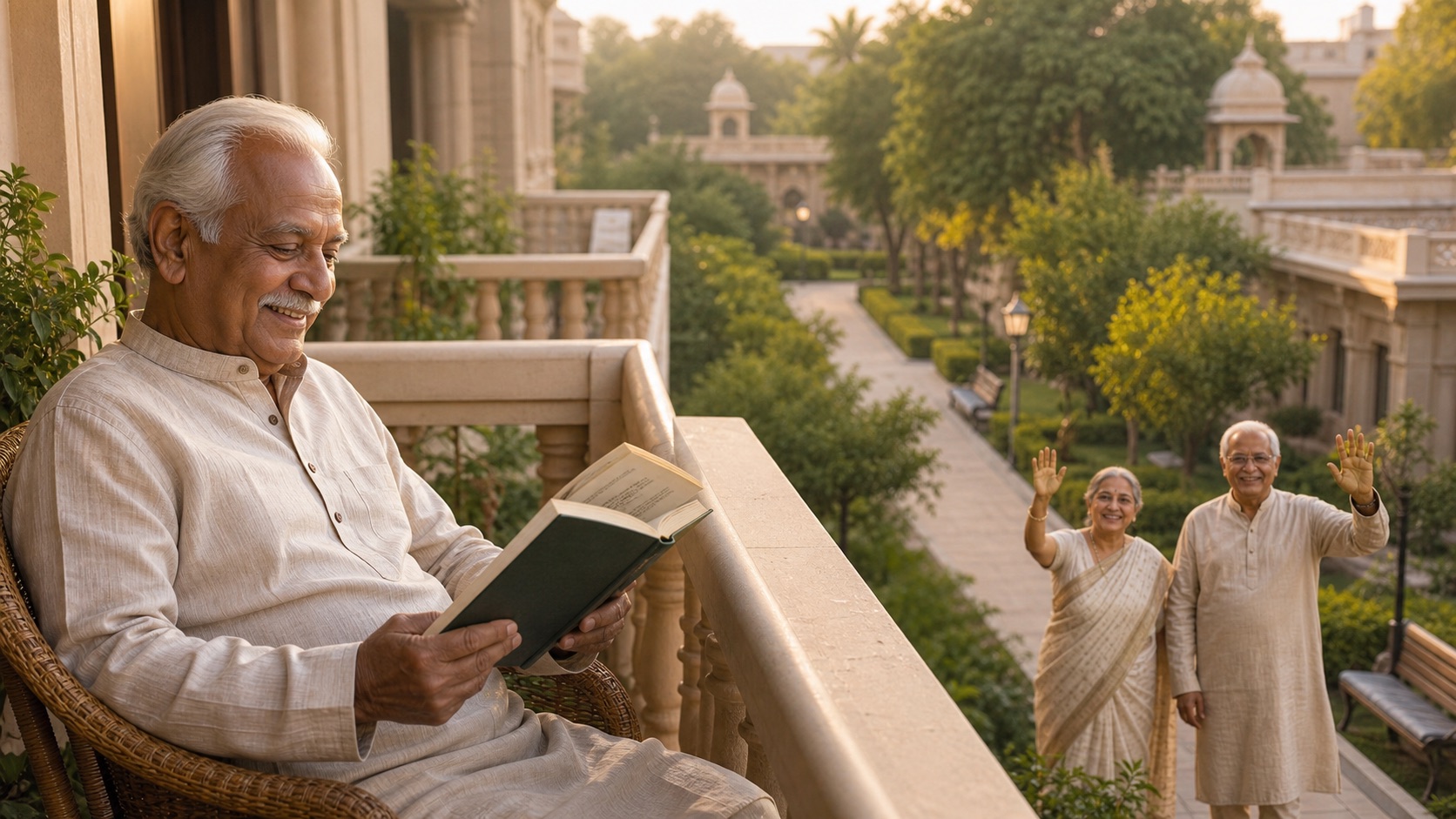 Indian elderly man reading on a balcony while senior neighbors wave from a community garden