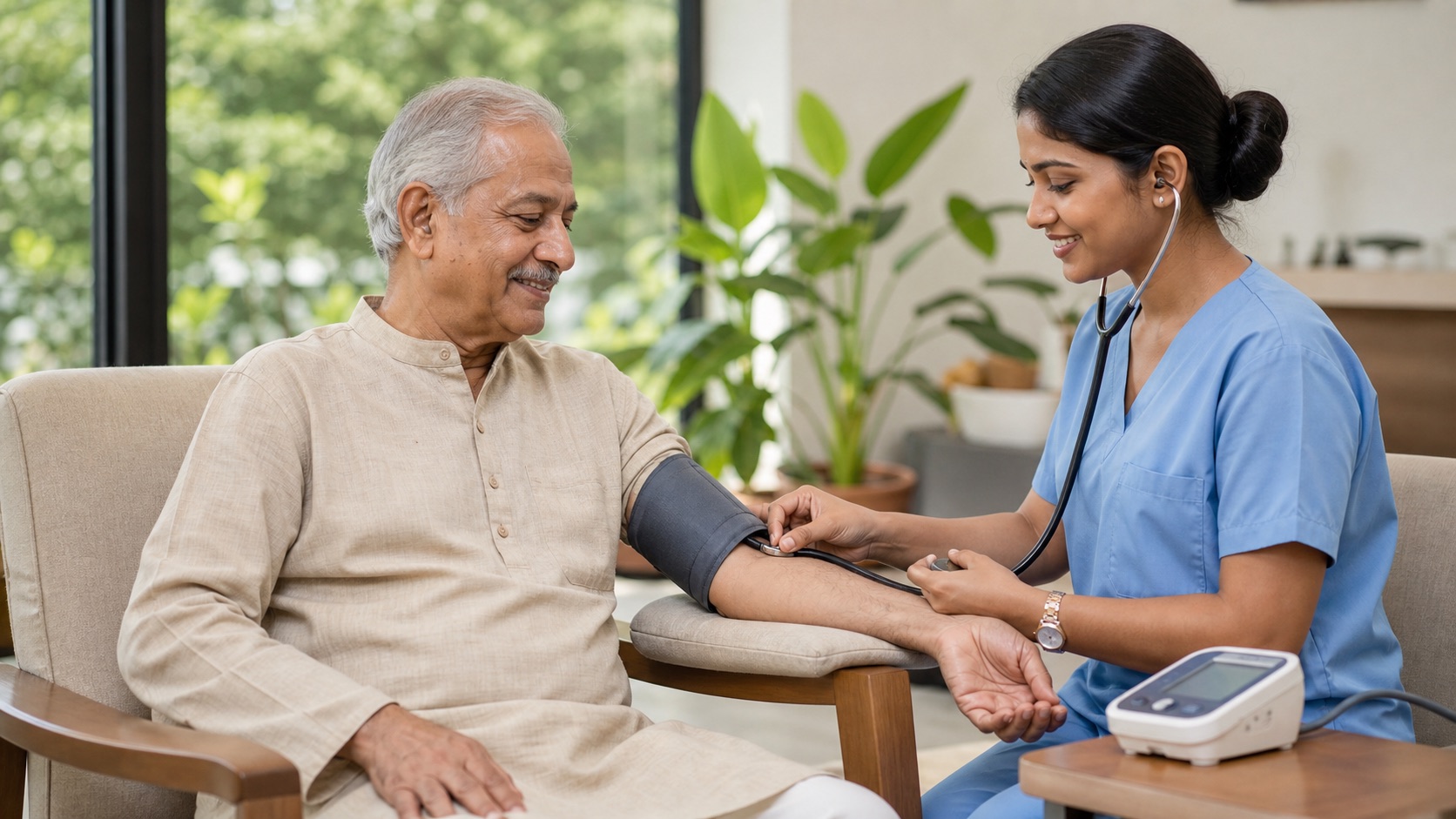 Indian senior man smiling during a blood pressure check in a wellness clinic