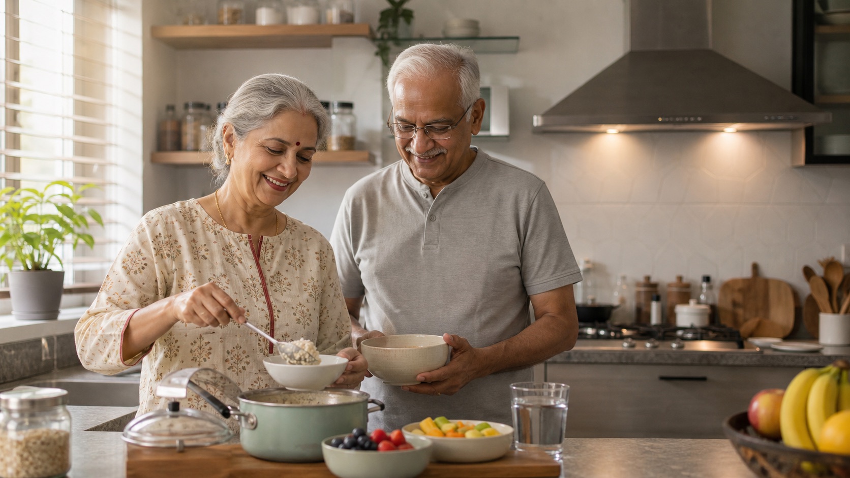 Happy Indian senior couple preparing a nutritious breakfast in a bright senior-friendly kitchen