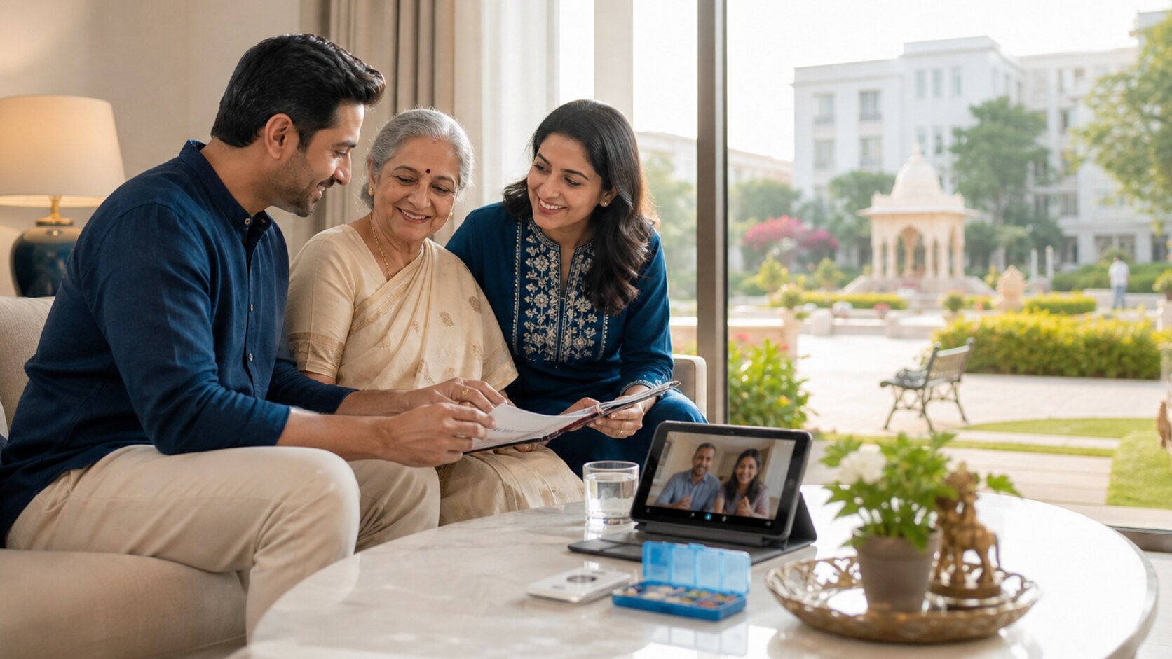 Indian adult children and ageing mother reviewing a care planning folder in a bright apartment