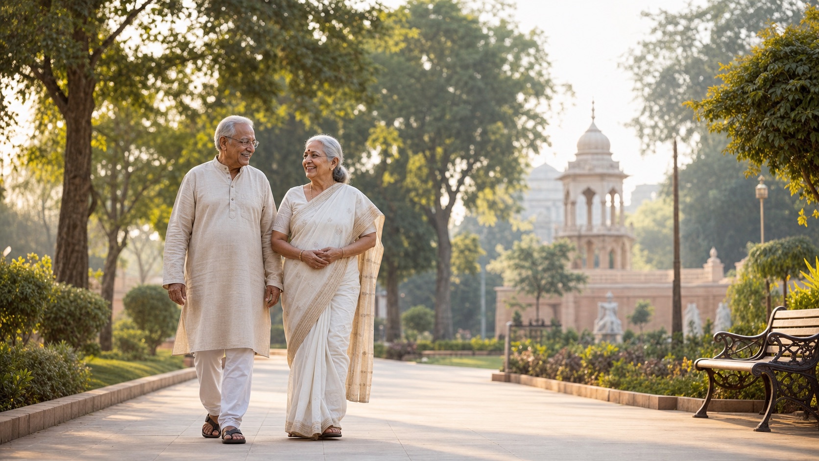 Indian senior couple walking on a safe landscaped community path