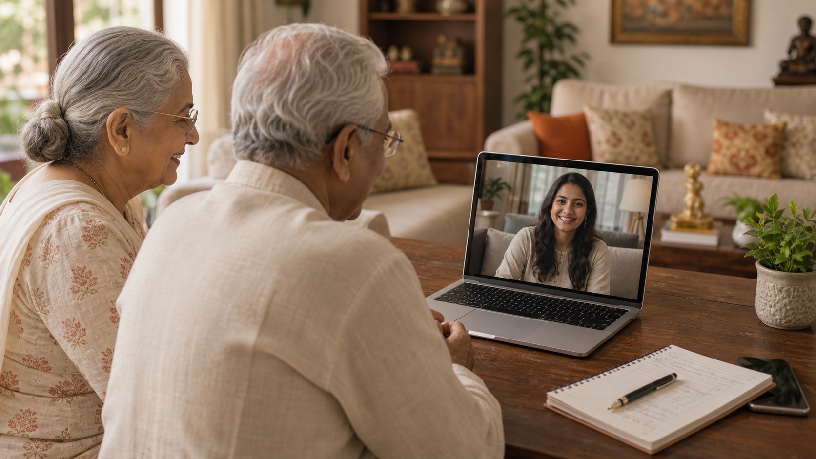 NRI daughter on a video call with ageing Indian parents and a shared care checklist