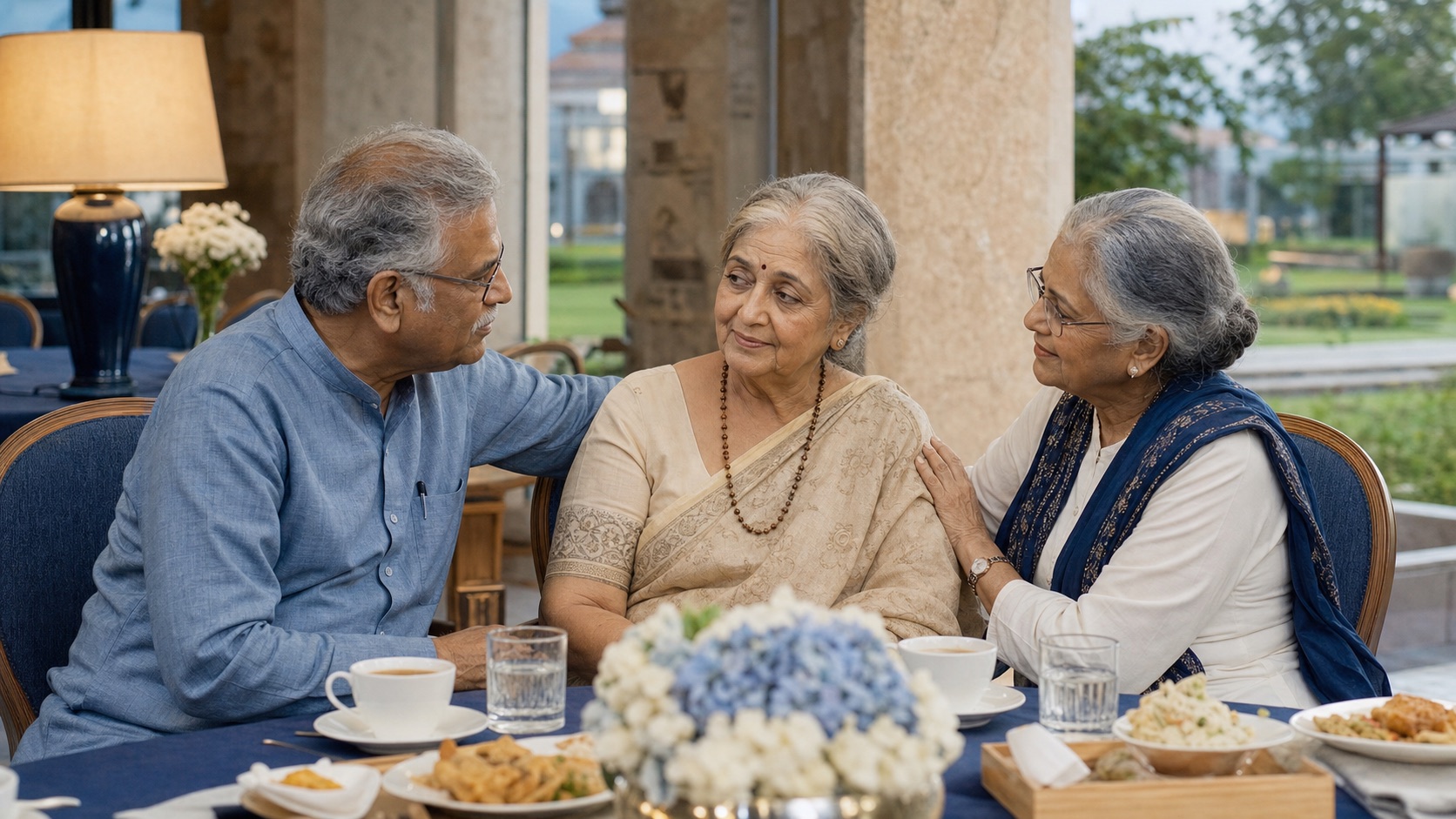 Older Indian adult being supported by senior friends over tea in a blue community dining lounge
