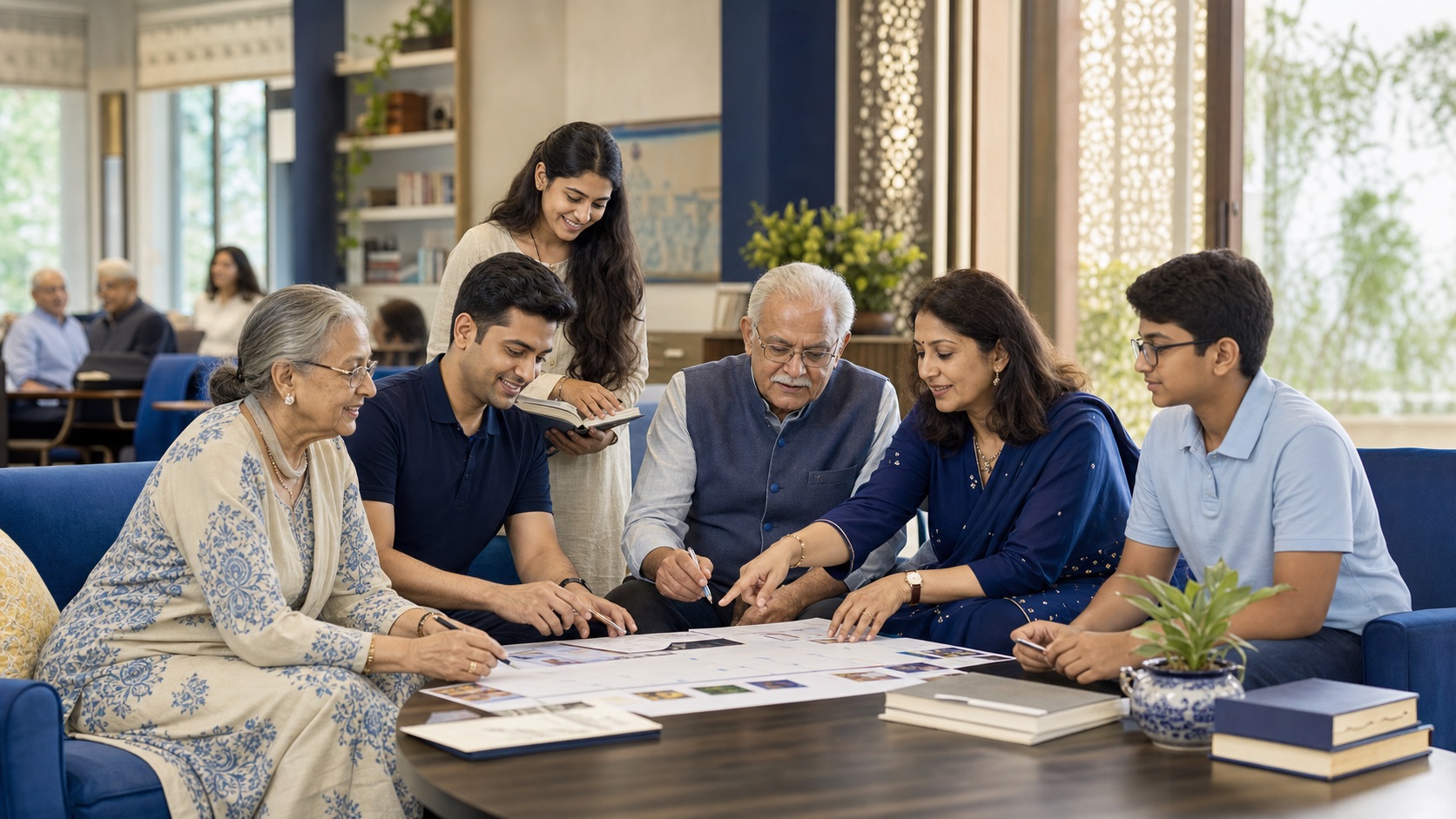 Indian seniors and family members planning community activities in a blue senior living lounge